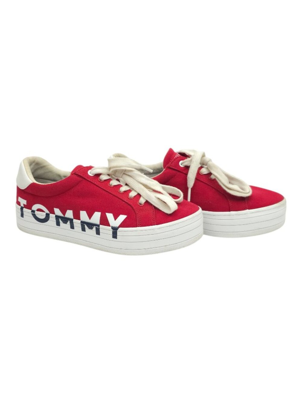 Tommy Hilfiger Platform Sneakers 8 M Canvas Chunky Y2K Aesthetic Spellout Red
